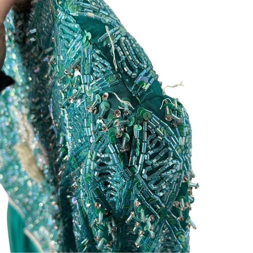 VINTAGE RICHILENE 70S SILK CHIFFON BEAD EMBELLISHED AQUA FORMAL EVENING GOWN - Picture 14 of 16